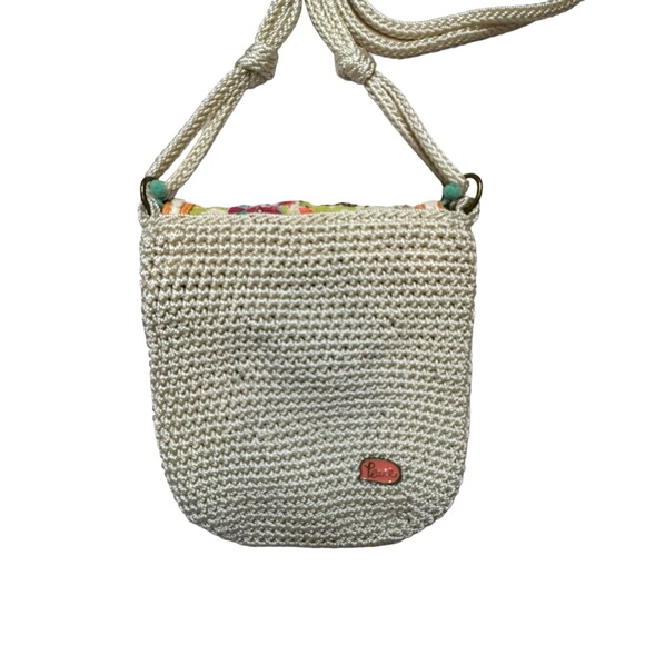 Sakroots Beige Women's Crochet Peace Crossbody Purse Bag Pom Pom Flap - Picture 2 of 8